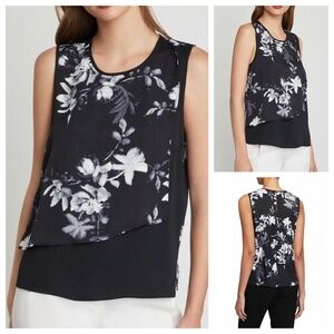 BCBG MaxAzria Sleeveless Floral Blouse Asymmetrical, Black & White, XS